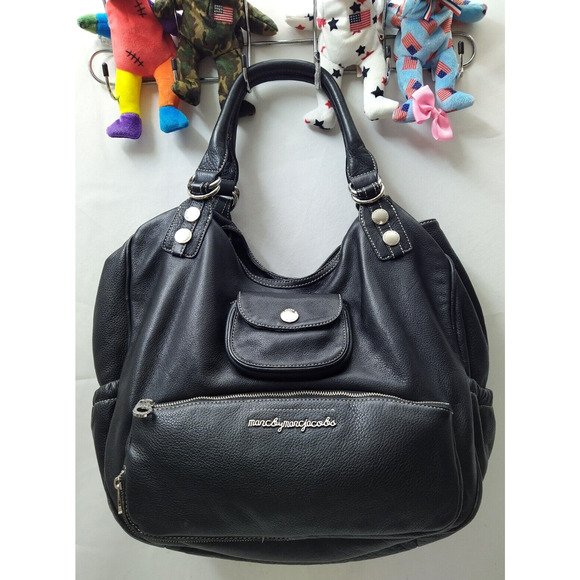 Marc By Marc Jacobs Black Pebbled Leather Zipper Pockets Large Shoulder Bag - Picture 1 of 16